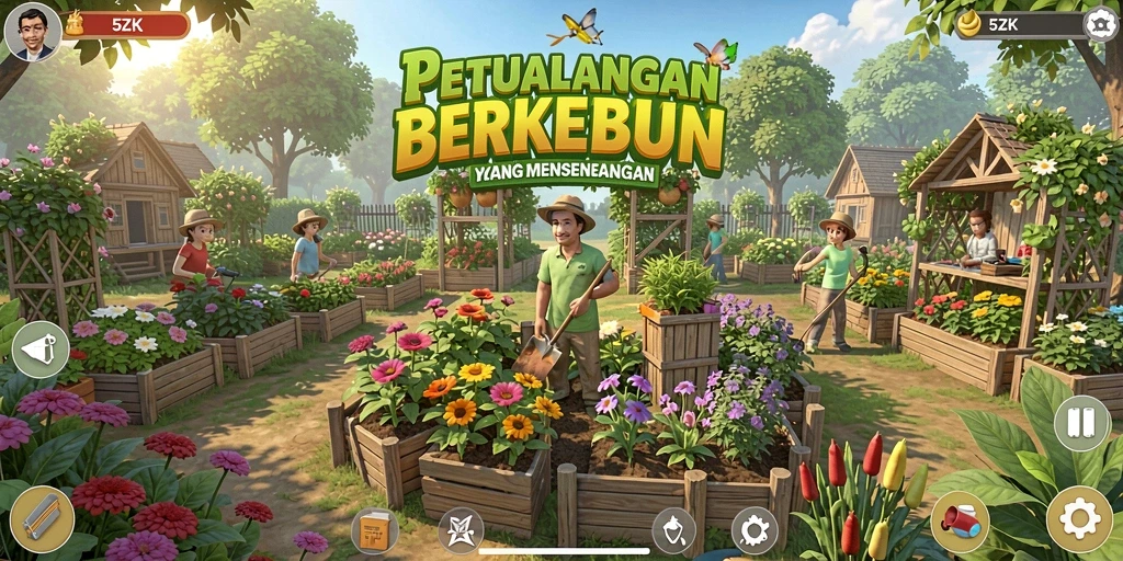 Screenshot gameplay 5ZK yang memperlihatkan aktivitas berkebun yang seru.