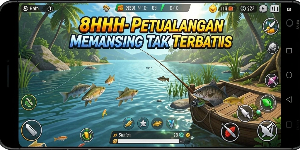 Tampilan gameplay 8HHH saat memancing di danau yang tenang.