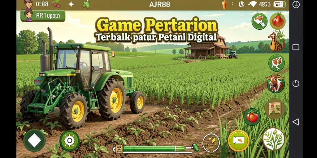 Tampilan gameplay AJR88 dengan kebun yang subur dan aktivitas bertani.