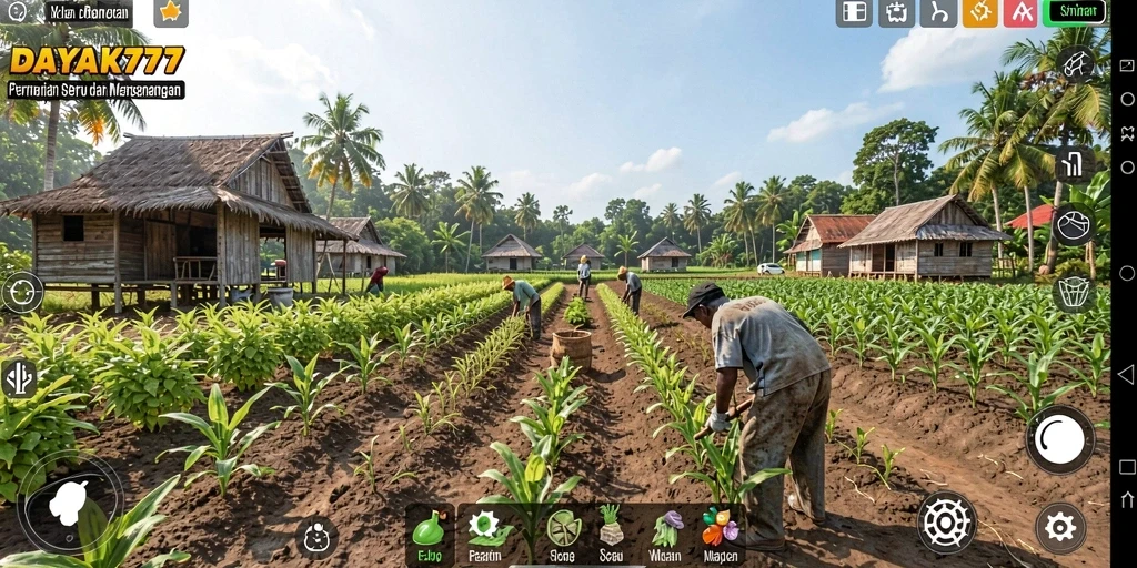 Screenshot utama DAYAK777 menampilkan aktivitas bertani yang seru dan menyenangkan.