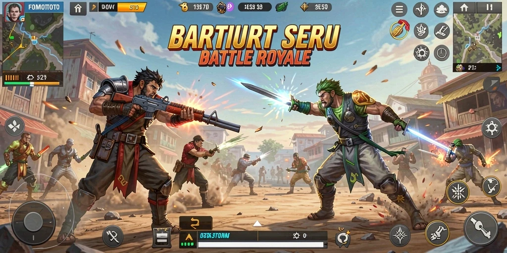 Screenshot gameplay FOMOTOTO menampilkan aksi pertarungan Battle Royale yang mendebarkan.