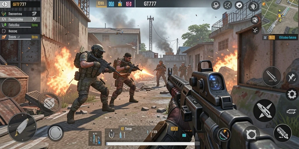 Screenshot utama GT777 menampilkan aksi pertempuran FPS yang intens.