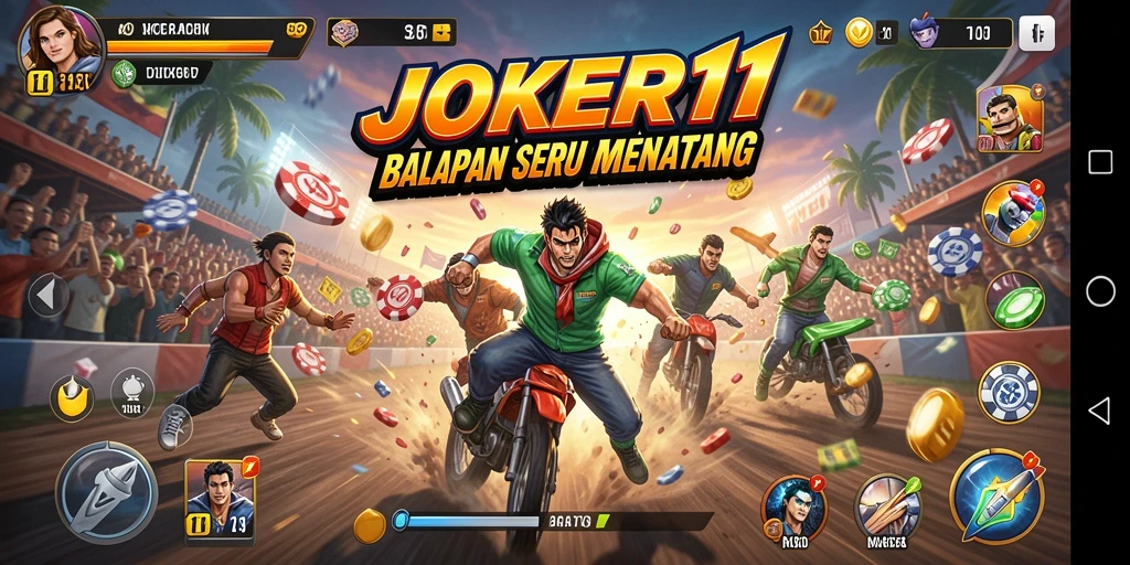 Tampilan gameplay menegangkan dalam balapan JOKER11 yang seru.