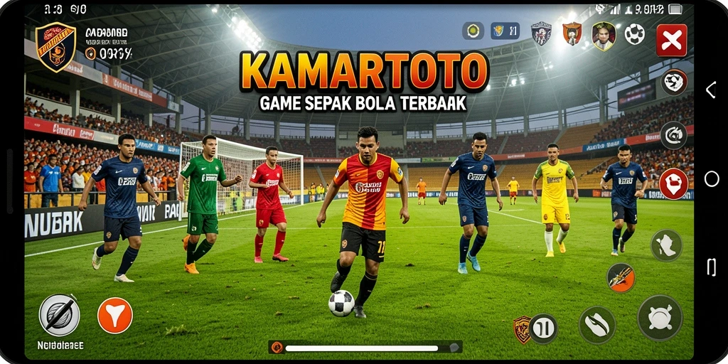 Tampilan gameplay KAMARTOTO dengan aksi sepak bola yang seru.
