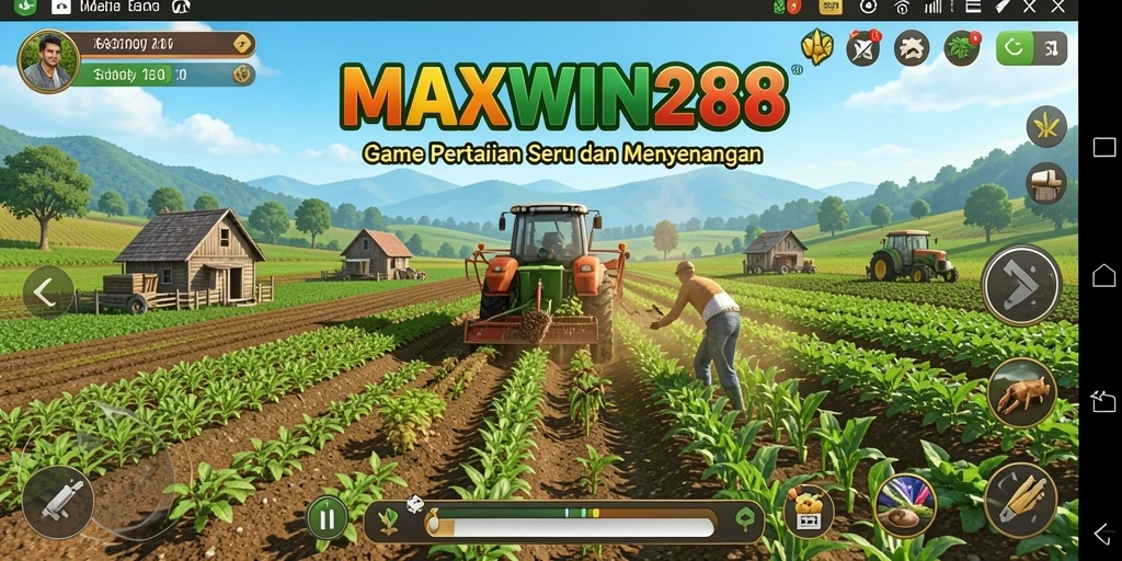 Screenshot gameplay MAXWIN288 dengan ladang subur dan tanaman yang tumbuh.