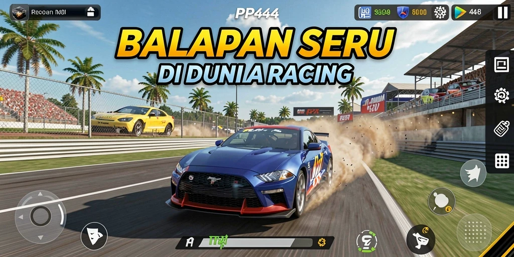 Tangkapan layar gameplay seru di PP444 dengan mobil balap dan trek menantang.