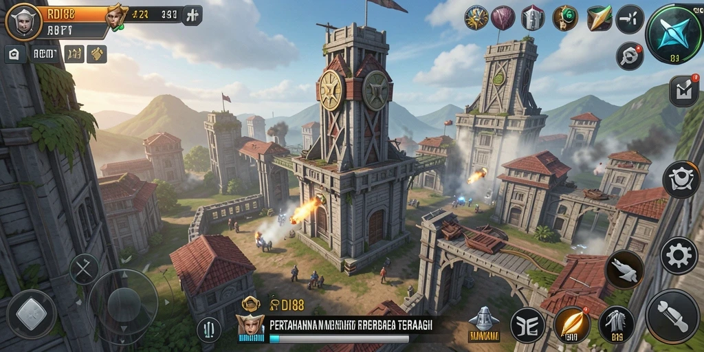 Tampilan gameplay RDI88 menampilkan aksi menara menarik melawan gelombang musuh.