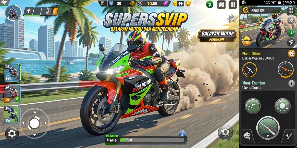 Tampilan gameplay seru dari SUPERSVIP dengan motor balap yang mendebarkan.