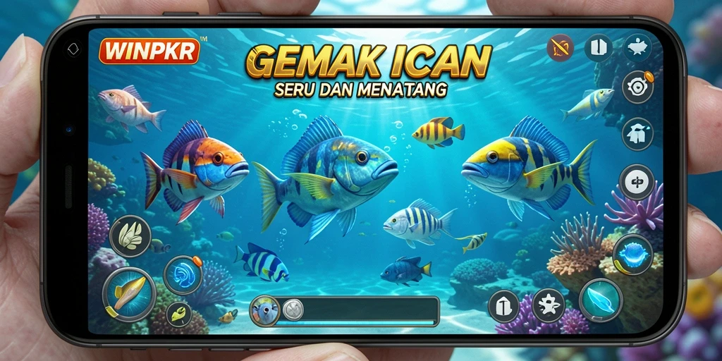 Screenshot gameplay WINPKR dengan ikan berwarna-warni dan efek menembak.